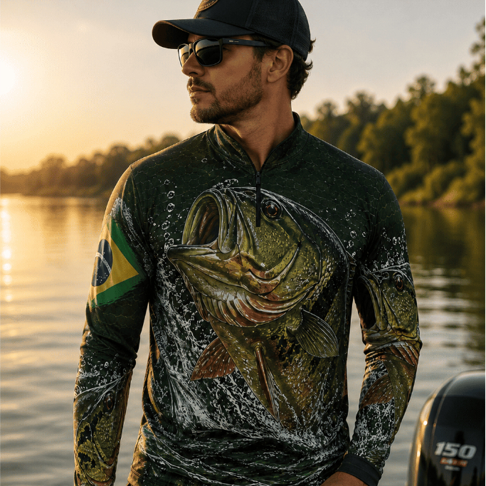 Camiseta Pesca Tucunaré Masculina Manga Longa Proteção UV Pescaria Esportiva Peixe