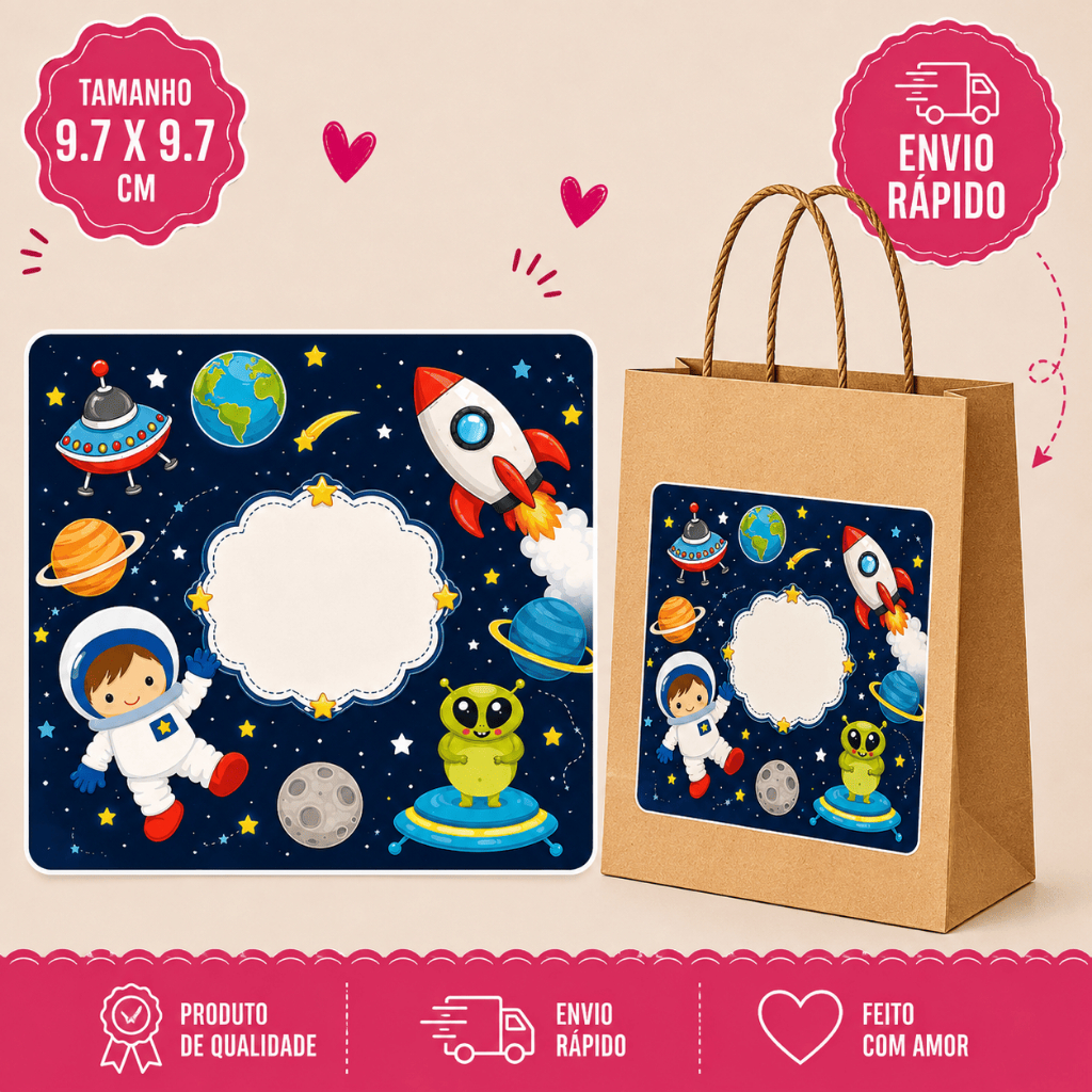 Adesivo Personalizado para Sacolinha de Aniversário Astronauta cute 9,7x9,7cm | Rótulo para Lembrancinha