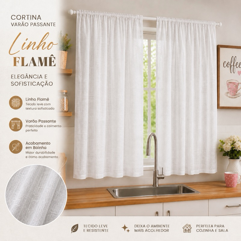Cortina Luxo Voil Linho Flame 4,00x1,30 Para Sala e Cozinha Varão Passante — imagem 2 de 2