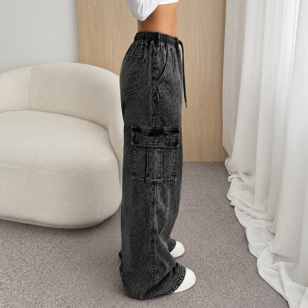 Calça Jeans Cargo Feminina Streetwear Grafite Balão bolso lateral skatista Premium