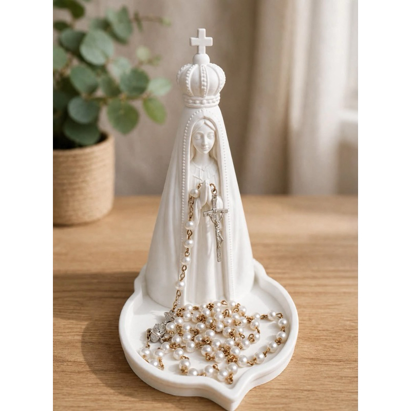 Porta Terço Nossa Senhora de Fátima | Suporte para Terço | Imagem Nossa Senhora Decorativa | Porta Terço Branco