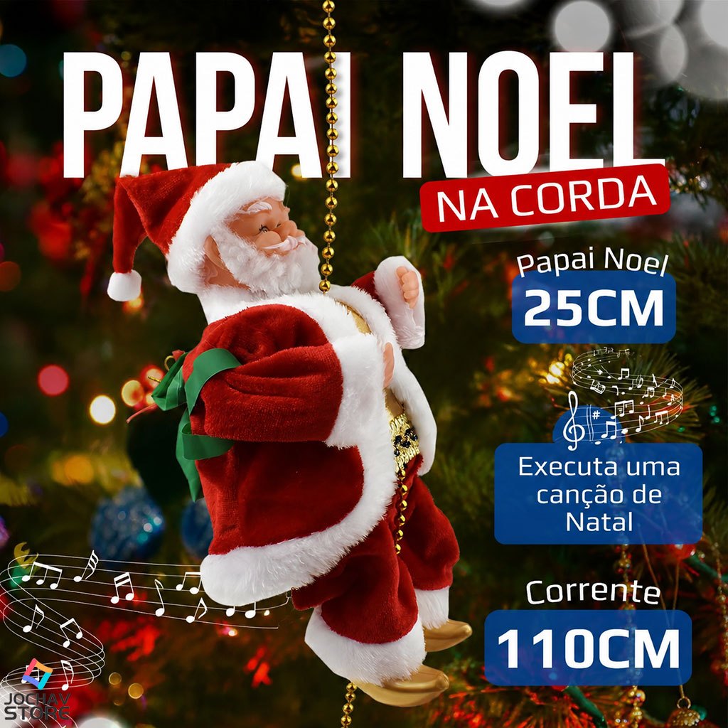 Boneco Papai Noel Elétrico Musical Escalador de Corda Sobe e Desce Natalino com Movimento Decoração de Natal Enfeite