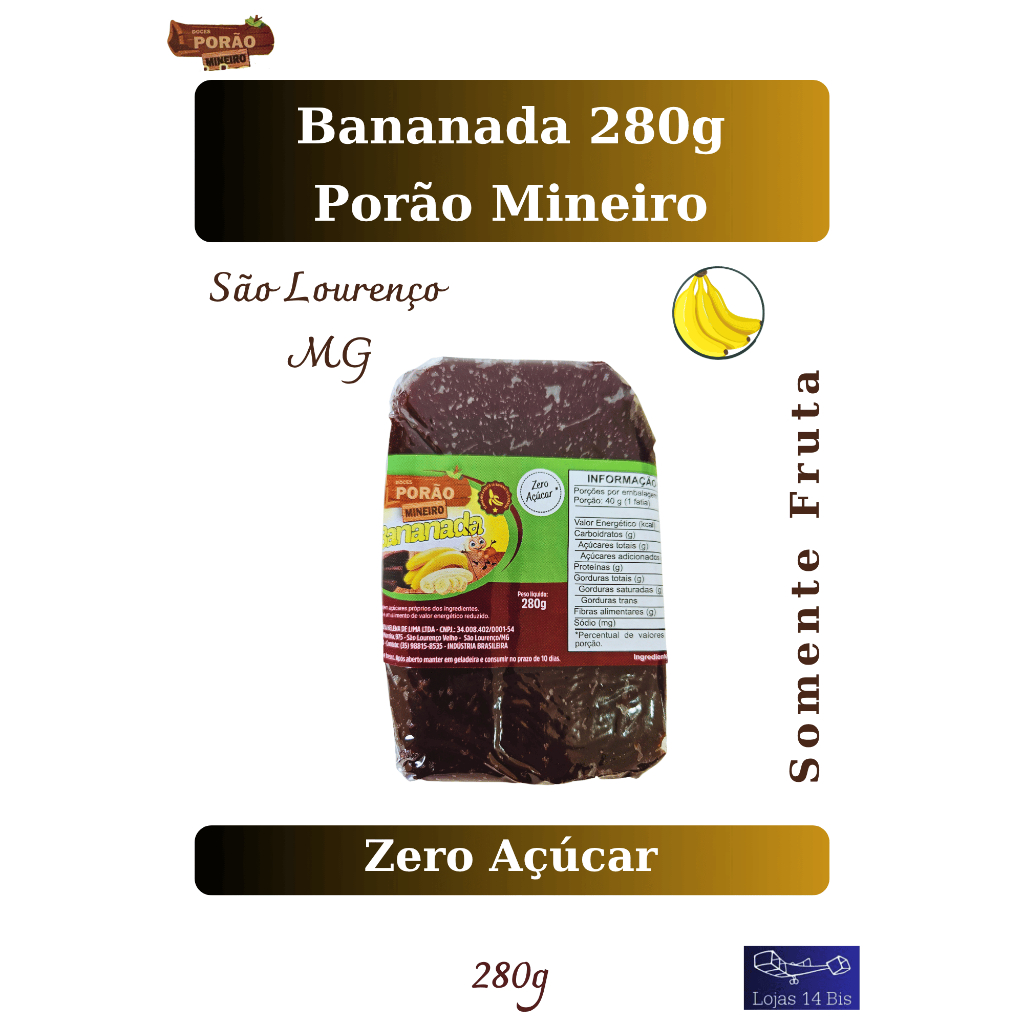 Doce de Banana Bananada Sem Adição de Açúcar 280g Sem Glúten Porão Mineiro