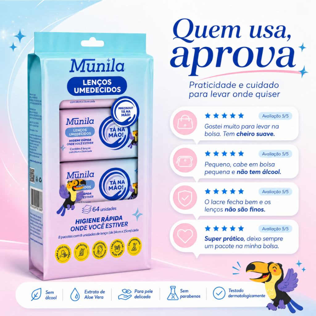 Mini Lenço Umedecido Tá na Mão Pack com 64 Lenços- Munila — imagem 2 de 2