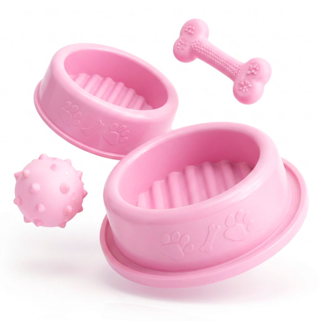 Kit Enxoval Pet Comedouro e Bebedouro Anti Formiga Pote Ração Cachorro Gato + Brinquedo Osso Bolinha