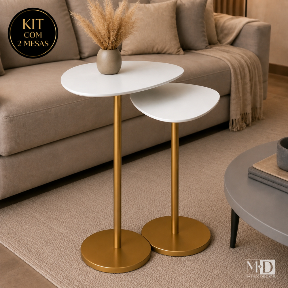 Kit 2 Mesas de Centro Canto Decorativas para Sala Escritório Orgânica Moderna Resistente MDF Lateral