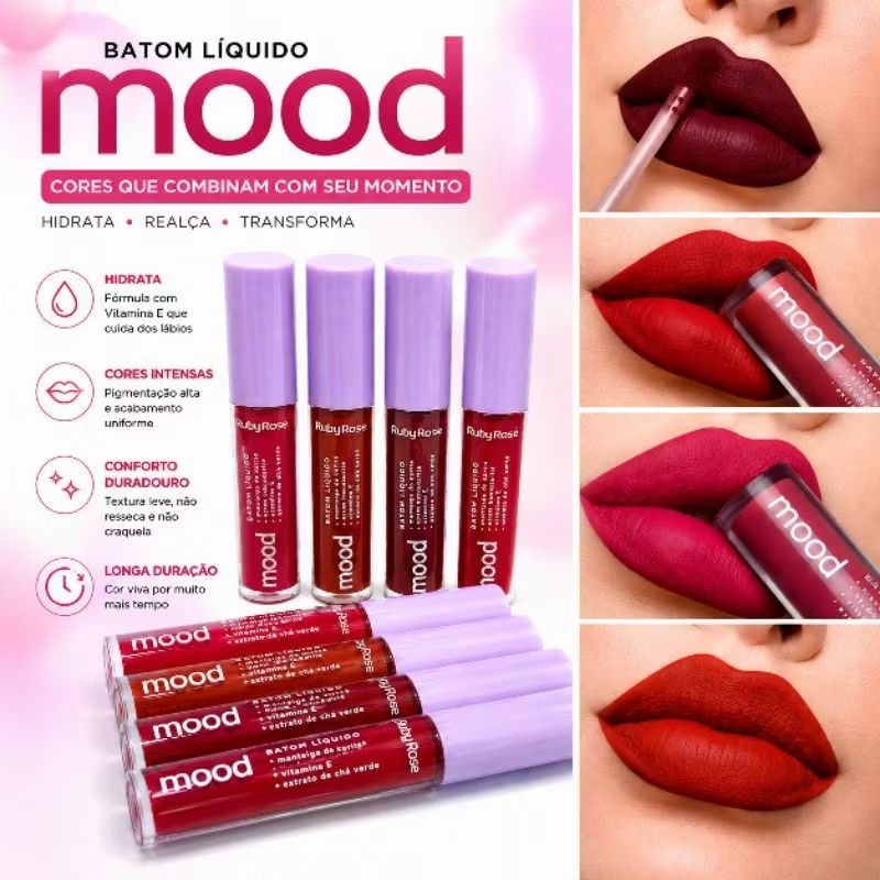 Batom Líquido Ruby Rose Mood Alta Pigmentação Ácido Hialurônico Vitamina E Hidratante longa duração