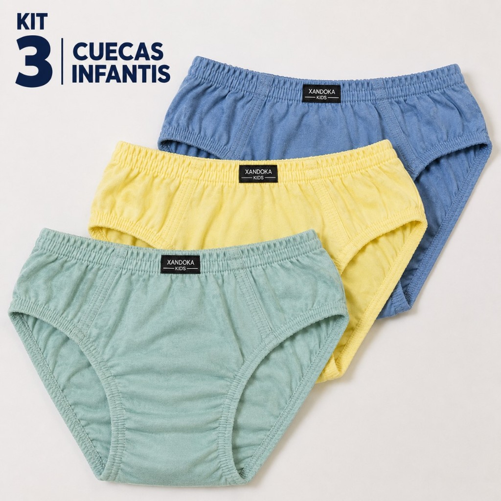 Kit Cueca Infantil Menino Xandoka Kids Slip Algodão Cós Elástico Cores Sortidas Confortável
