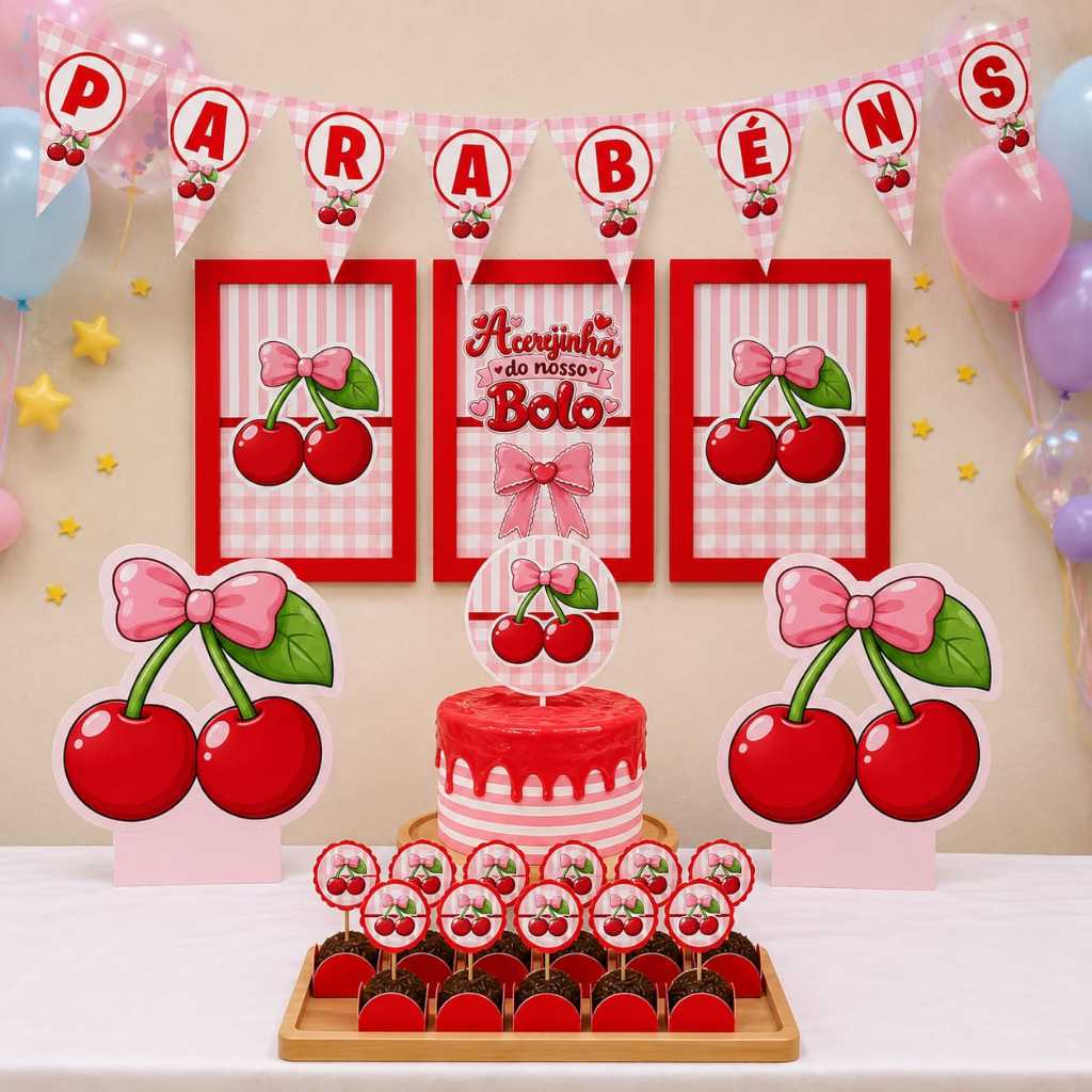 ENVIO RÁPIDO Kit Festa Cerejinha - Cereja | Personalizado Bolinho Aniversário 70 Itens Lembrancinha