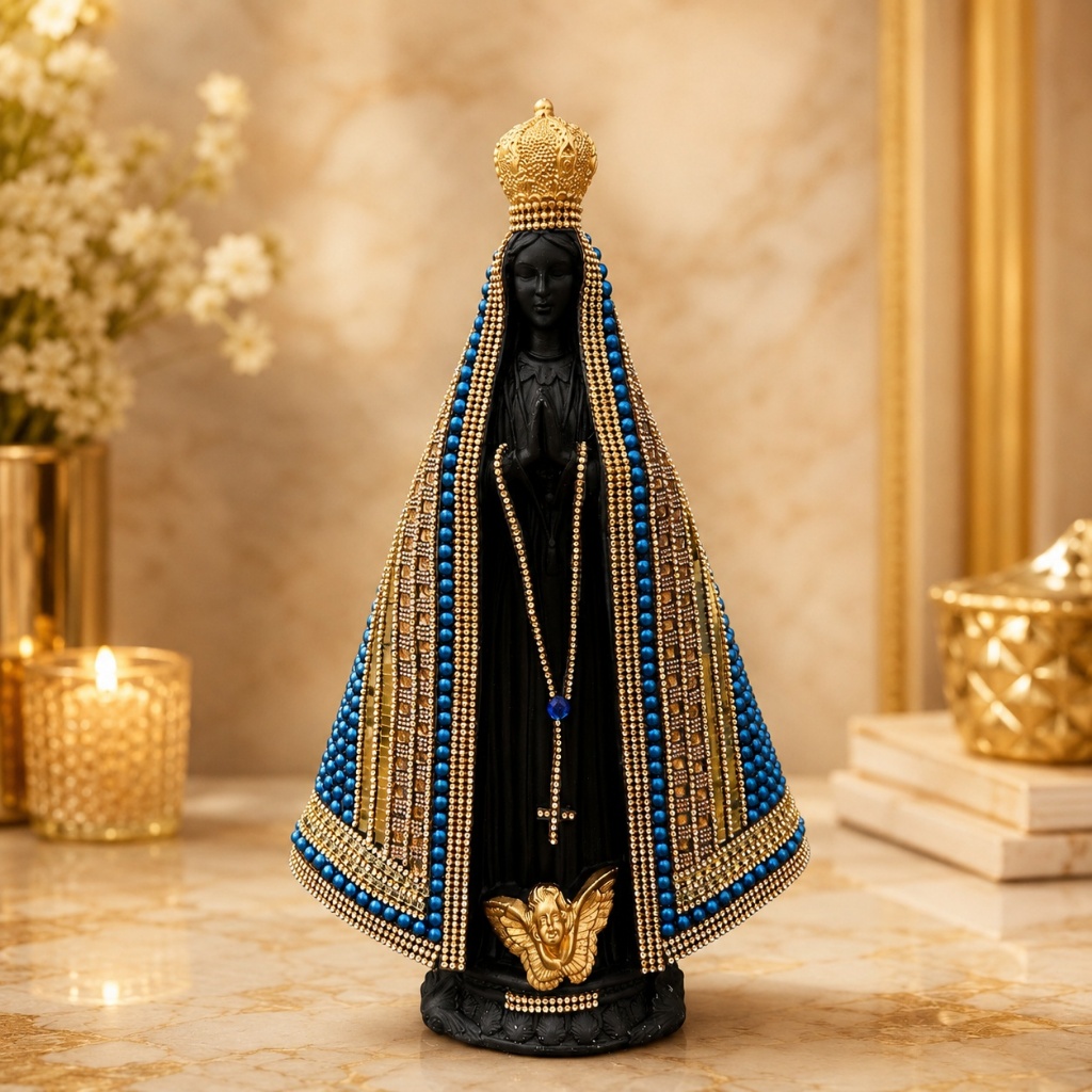 Imagem de Nossa Senhora Aparecida Grande 40cm de Gesso Pérola e Strass Azul e Preta Italiana!