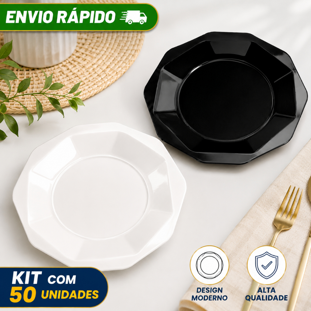 Kit Prato Plástico Oitavado 25cm Resistente PP Para Refeição Churrasco Porções Micro-ondas Lava-Louças