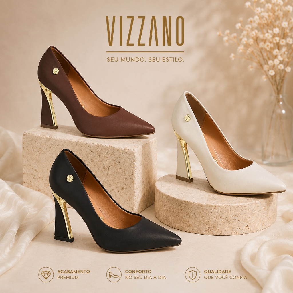 Sapato Scarpin Feminino Salto Alto Assimetrico Vizzano Original Detalhe Dourado