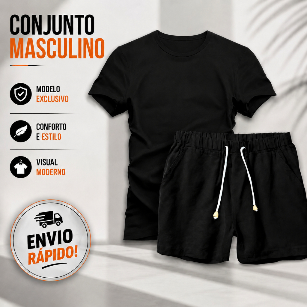 Conjunto Masculino Camiseta e Short 2 Peças Casual Moderno Confortável para Dia a Dia Passeio Festa Academia e Lazer