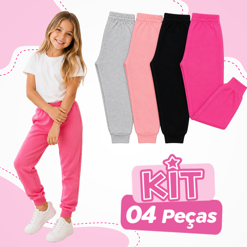 Kit 4 Calças Moletom Infantil Menina 2 a 10 Anos Pink Rosa Cinza Preta Roupa de Frio Peluciada Escolar Confortável