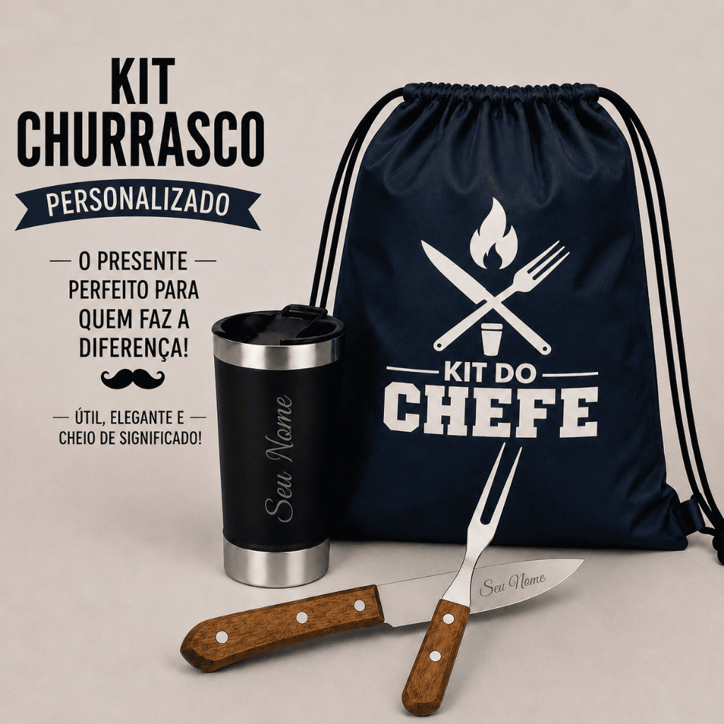 Kit Copo Térmico e Churrasco 2 Peças Personalizado Com nome Mochila Saco de Presente Dia Dos Pais Churrasqueiro Cerveja