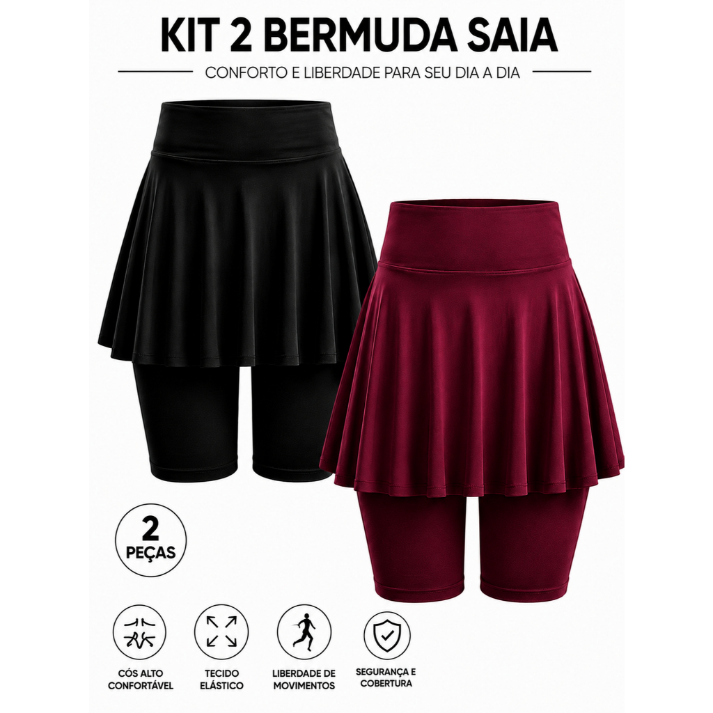 Kit 2 Bermudas Saia Babado Feminina Suplex Cintura Alta com Elástico Fitness Academia