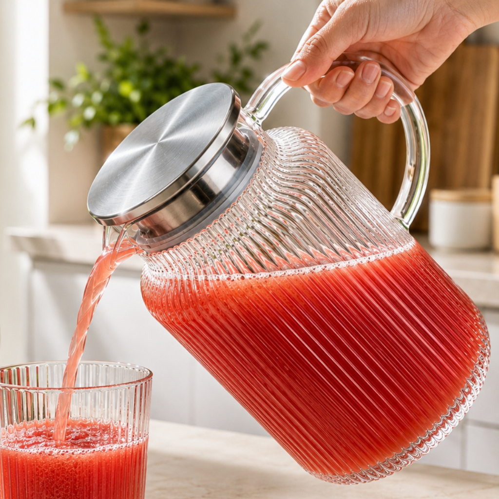 Jarra de Vidro com Tampa Inox Borossilicato 1,7L Lisa ou 1,5L Canelada Água Suco Chá Gelado Pratitudo Essencial