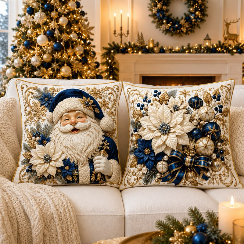 Kit 02 Capas de Almofadas Natalinas 45cm Estampada Natal Azul 2026 Decoração Sala