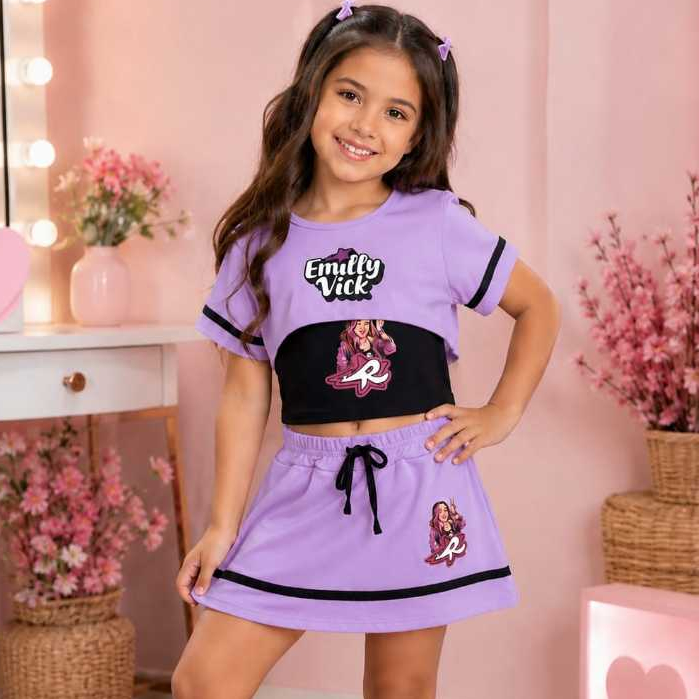 Conjunto Infantil | 3 Peças Moletinho Cropped + Regata + Short Saia Feminino