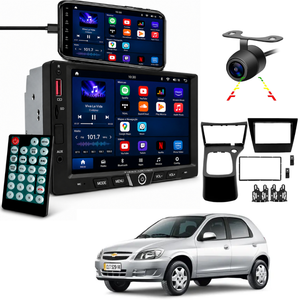 Kit Multimidia Celta e Prisma Com Câmera de Ré