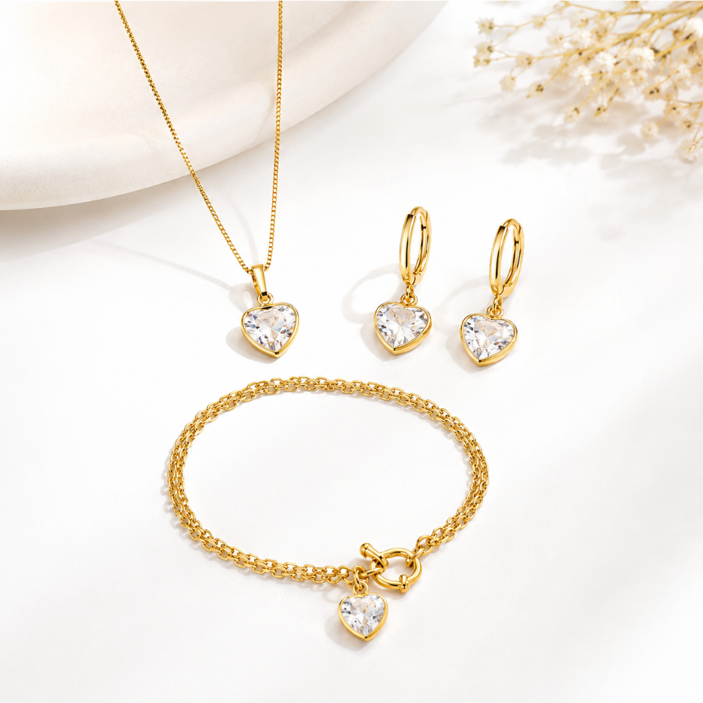 Conjunto Feminino 3 Peças Zircônia De Coração e Corrente Veneziana Banhado a Ouro 18K