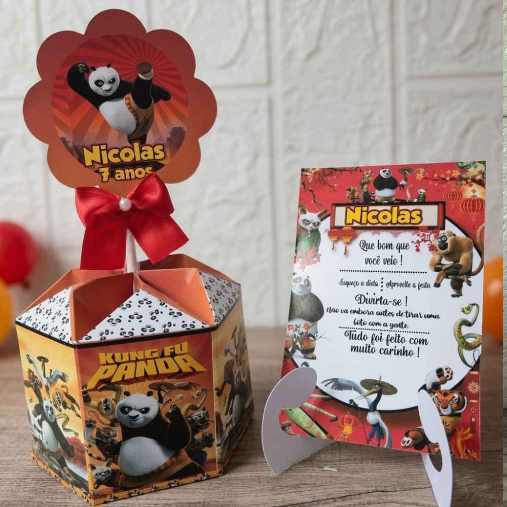 Centro de Mesa Kung Fu Panda + Plaquinha Cachepô Personalizado Lembrancinha Festa Aniversário Infantil Arranjo Enfeite