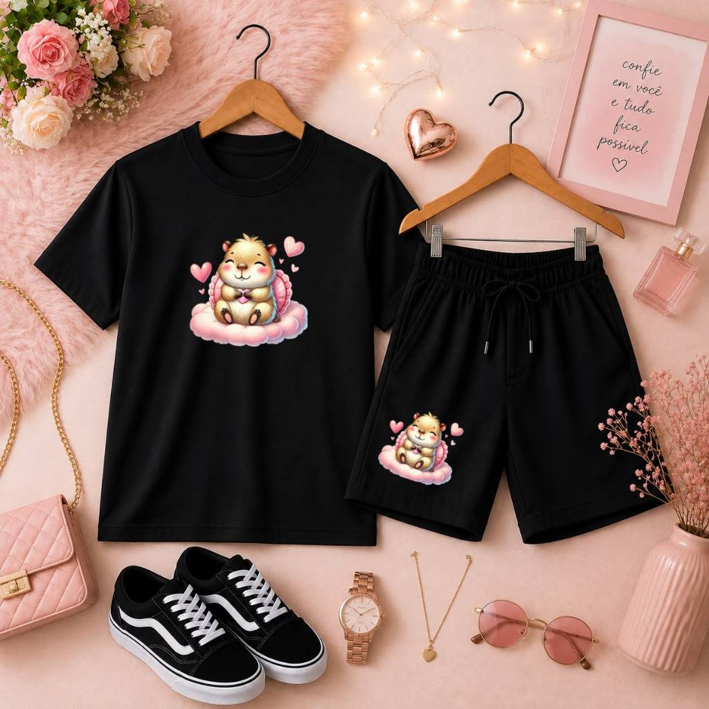 Conjunto Menina Camiseta Básica e Short de Moletom Estiloso Confortável para o Dia a Dia Estampa de Capivarinha Fofa