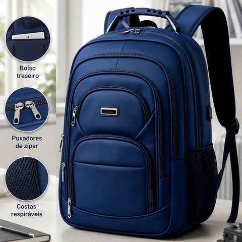 Mochila Unissex 19 Pol Impermeável Grande Capacidade Compartimentos Organizadores para Notebook Estudo e Trabalho