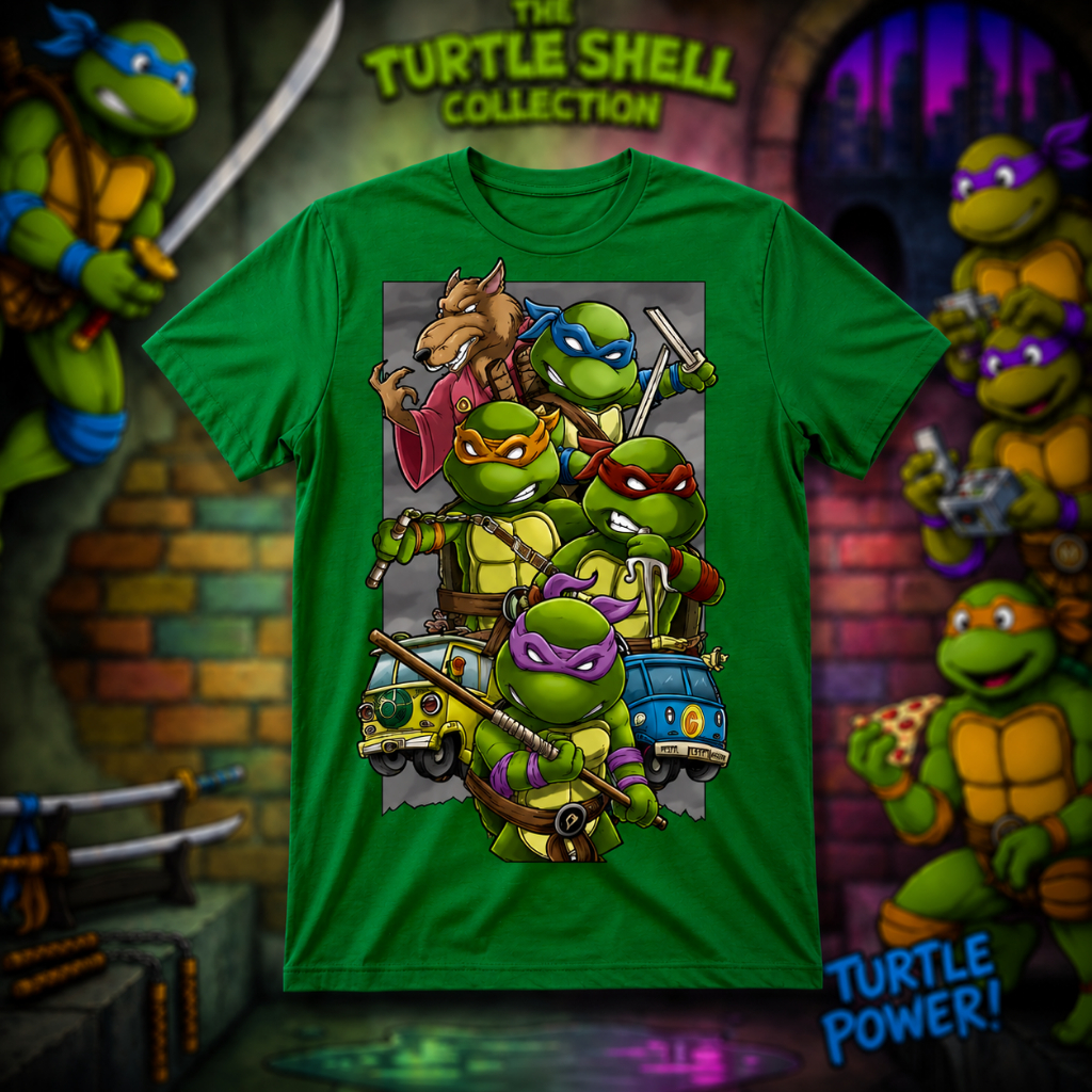 Camiseta Adulto e Infantil Tartarugas Ninjas TMNT - Pizza – Camisa Estampa Personagens Frente e Verso Unissex