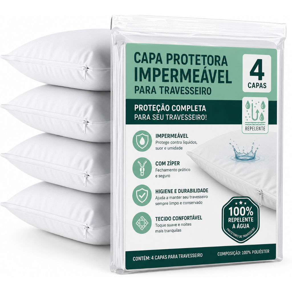 Kit 4 Capas Protetoras Para Travesseiro 50x70 Com Zíper Tecido Repelente Lavável Branca Edromania