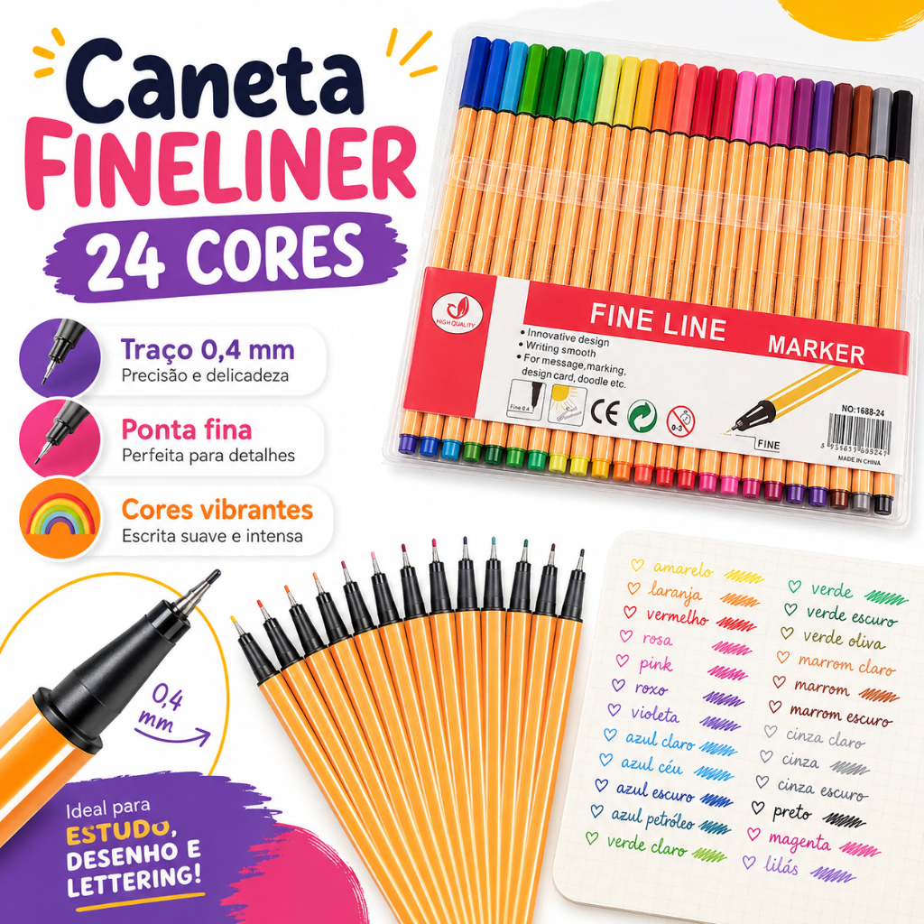 kit 12/24/36/48 Canetas Coloridas Fine Line Ponta Fina 0.4 mm 1ª Linha
