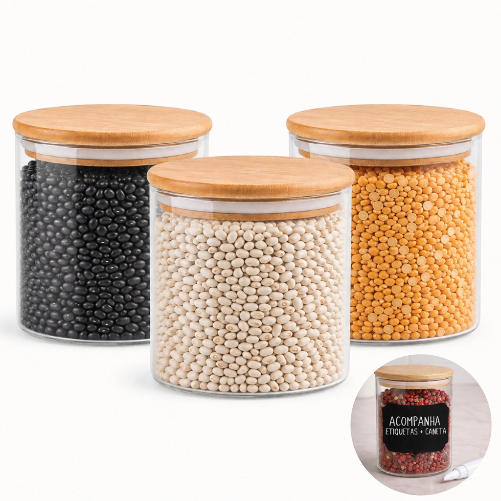 Kit 3 Pote Hermético Vidro 800ml Tampa Bambu Vedação Silicone Mantimento Cozinha Premium