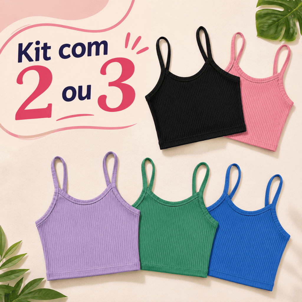 Kit Tops Feminino Alcinha Regata Canelado Casual Cropped Academia (Liso ou Listrado)