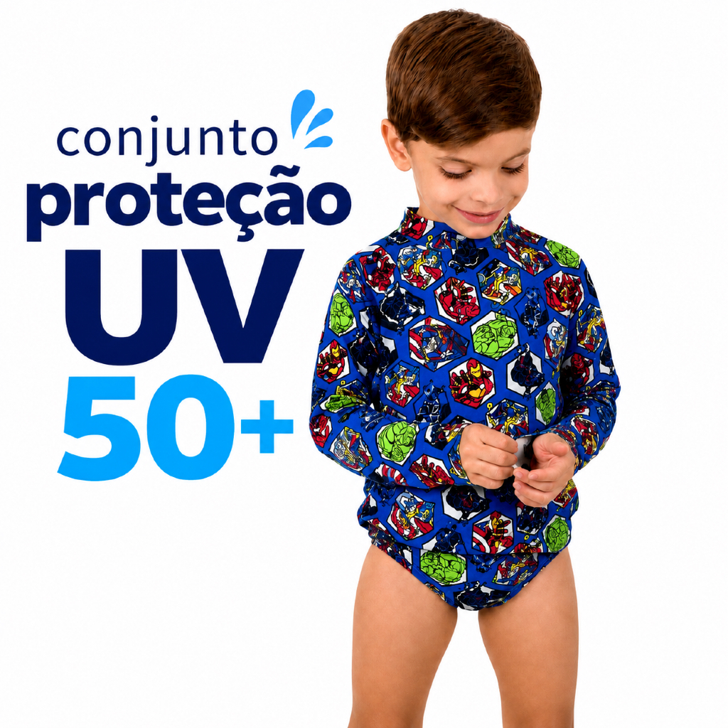 Conjunto Banho Blusa Proteção Solar UV 50+ e Sunga  Infantil Menino Natação Praia Piscina Verão fazer