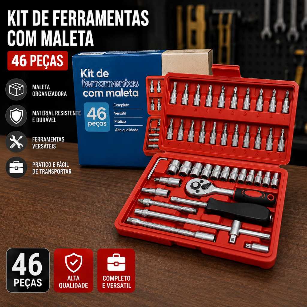 Jogo de Ferramentas 46 Peças com Maleta Chave Catraca Soquetes Completo Profissional