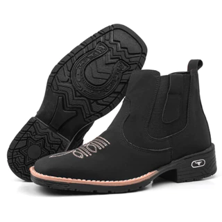 Bota Masculina em Couro Country Texana Botina Cano Curto Bico Quadrado