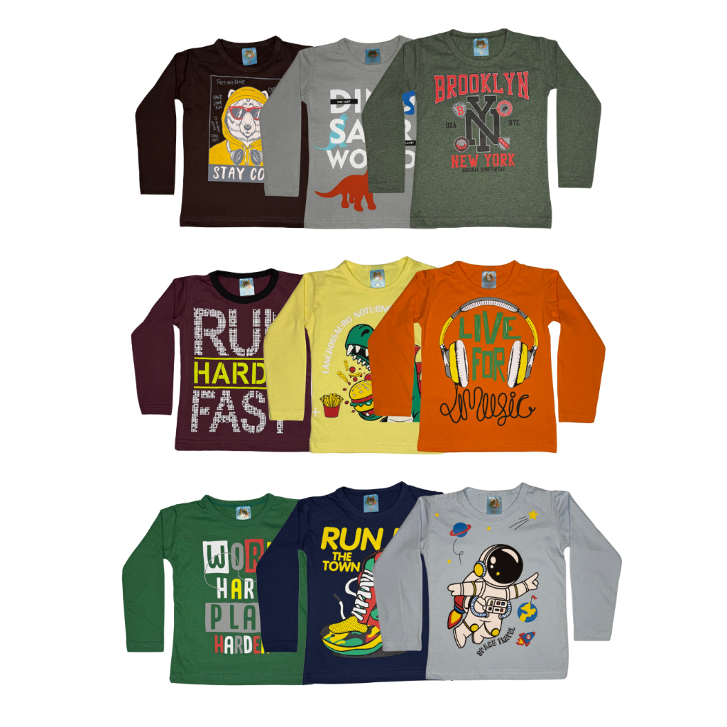 Kit 3 Camisas Manga Longa Estampada Menino Inverno Casual Tam 1 Ao 10 Anos