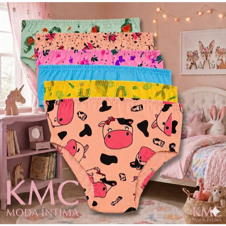 Kit 5 Calcinhas Infantil Estampadas E Lisas 100% Algodão Macio Confortavel