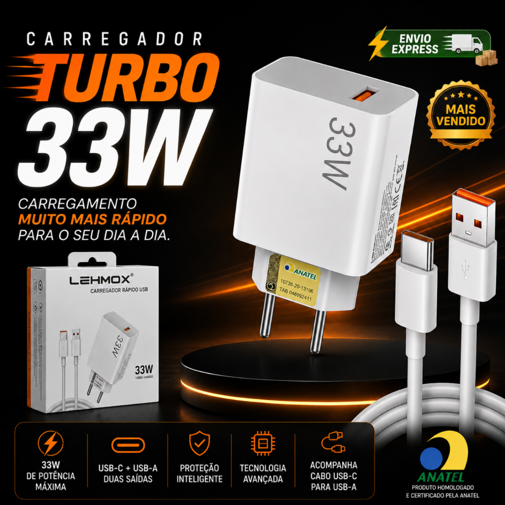 Carregador 33w Compatível Xiaomi Turbo Power Original Mi8 Mi9 Redmi Tipo-C 13C, Note 13 POCO C75
