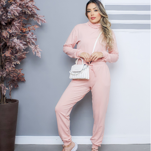 CONJUNTO FEMININO OUTONO/INVERNO CASUAL E CONFORTÁVEL COM GOLA E CINTURA ALTA EM MOLETINHO
