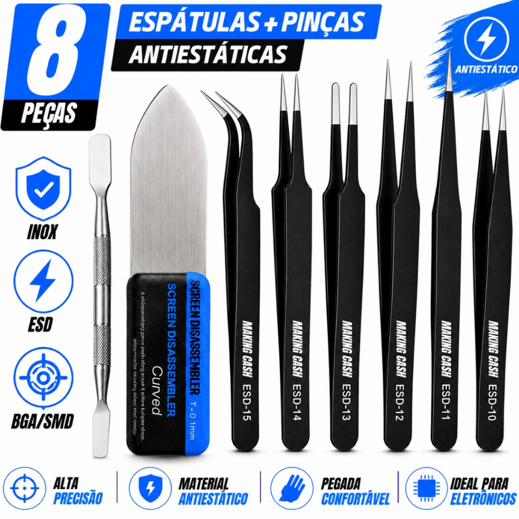 Kit Pinças + Espátulas Celular Eletrônica Tablet Antiestáticas Inox Ferramentas Manutenção Precisão