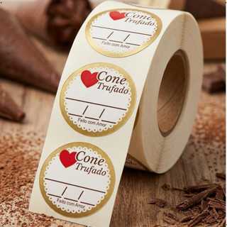 Adesivos Para Cone Trufado 3x3 Rótulo Embalagem Doces Gourmet Feito Com Amor Verniz Localizado
