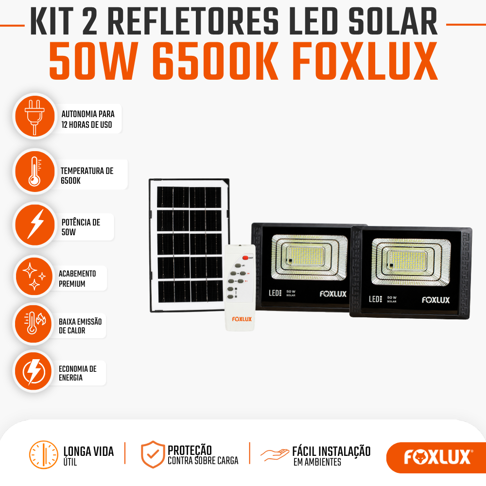 Refletor LED Solar 50W Foxlux 6500K Branco Frio Painel Solar Kit com 2