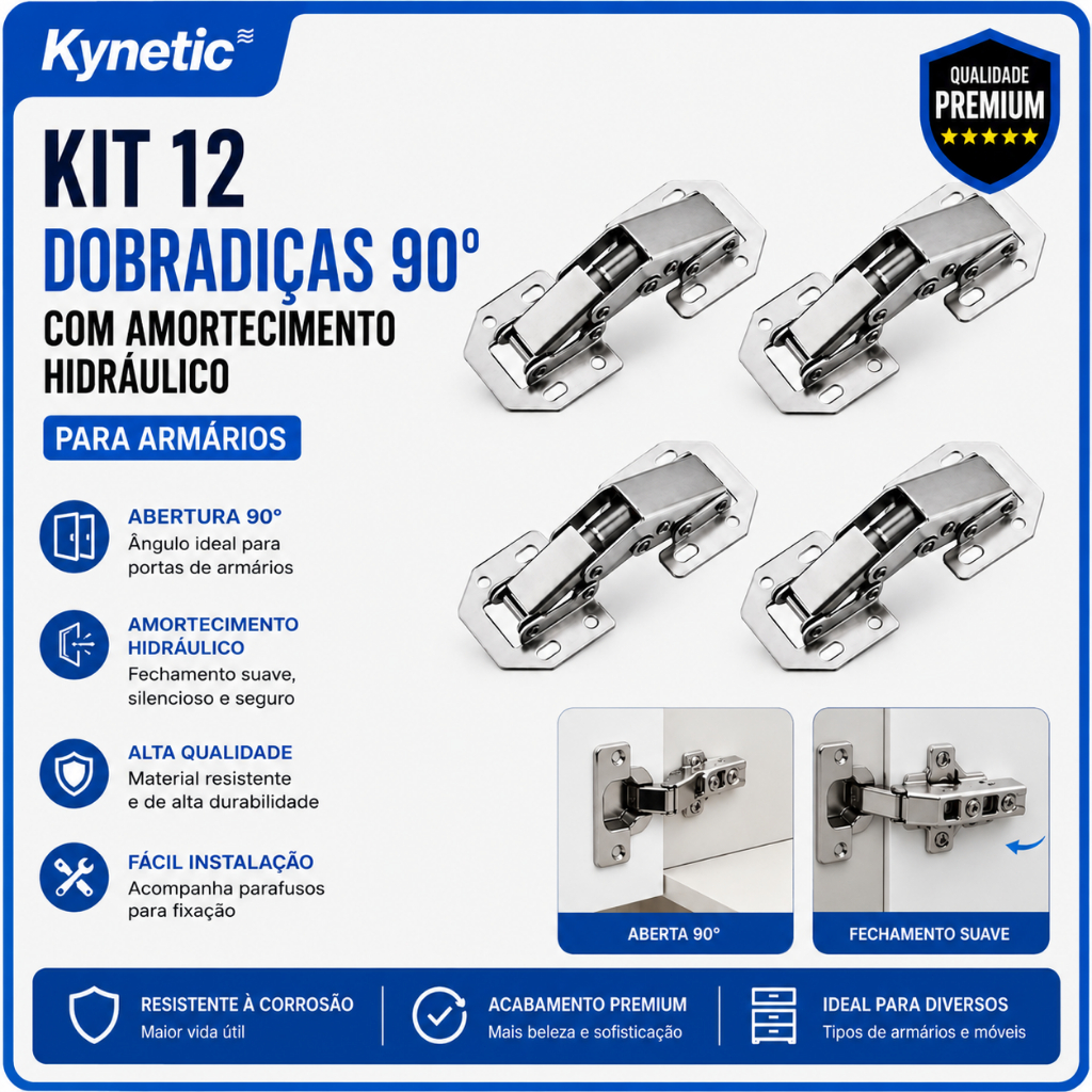 Kit 12 Dobradiças 90° com Amortecimento Hidráulico para Armários