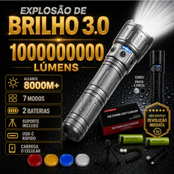 Lanterna Tática 1000000000 Lúmens - Super Potente Foco Ajustável, 7 Modos, 8000m Alcance, IP65, 10000mAh Power Bank TH39
