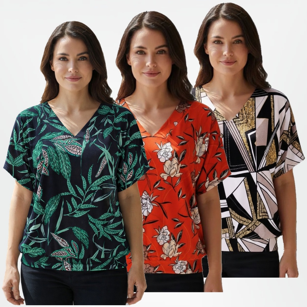 Kit 3 Blusa Feminina Elegante Blusinha Decote Gola V Manga Morcego Estampada