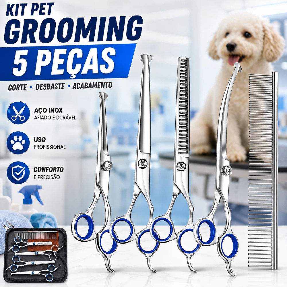 kit tesoura de tosa profissional pet 2/5 peças curva e reta para cães e gatos—ponta redonda / ponta fina