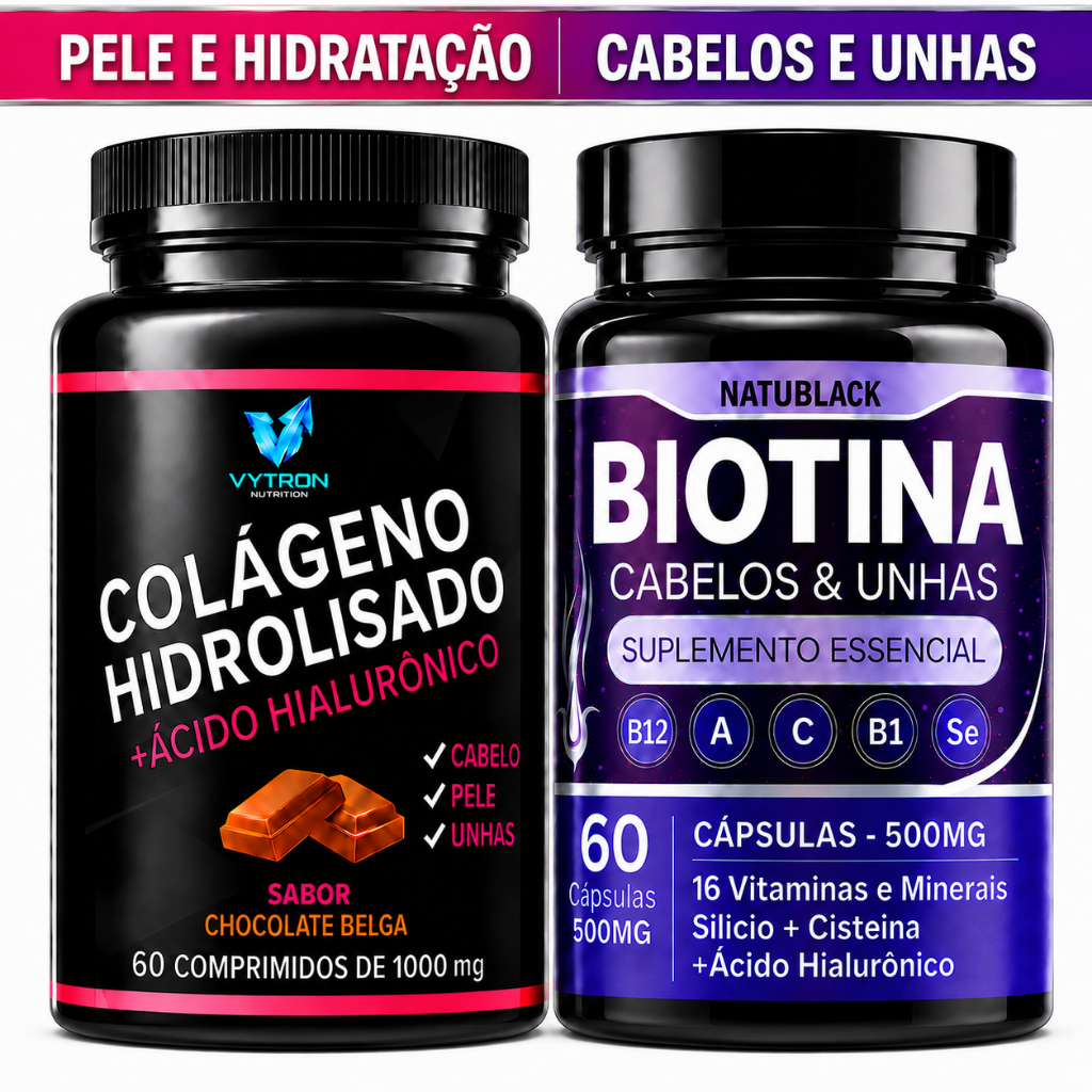 Kit Biotina Original + Colágeno Hidrolisado + Ácido Hialurônico Alta Concentração Pele Unhas Cabelos