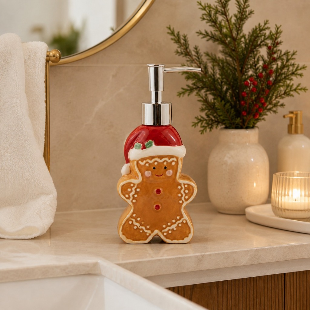 Porta Sabonete Líquido Natalino Biscoito Ginger Dispenser Banheiro Lavabo 8x20cm Natal