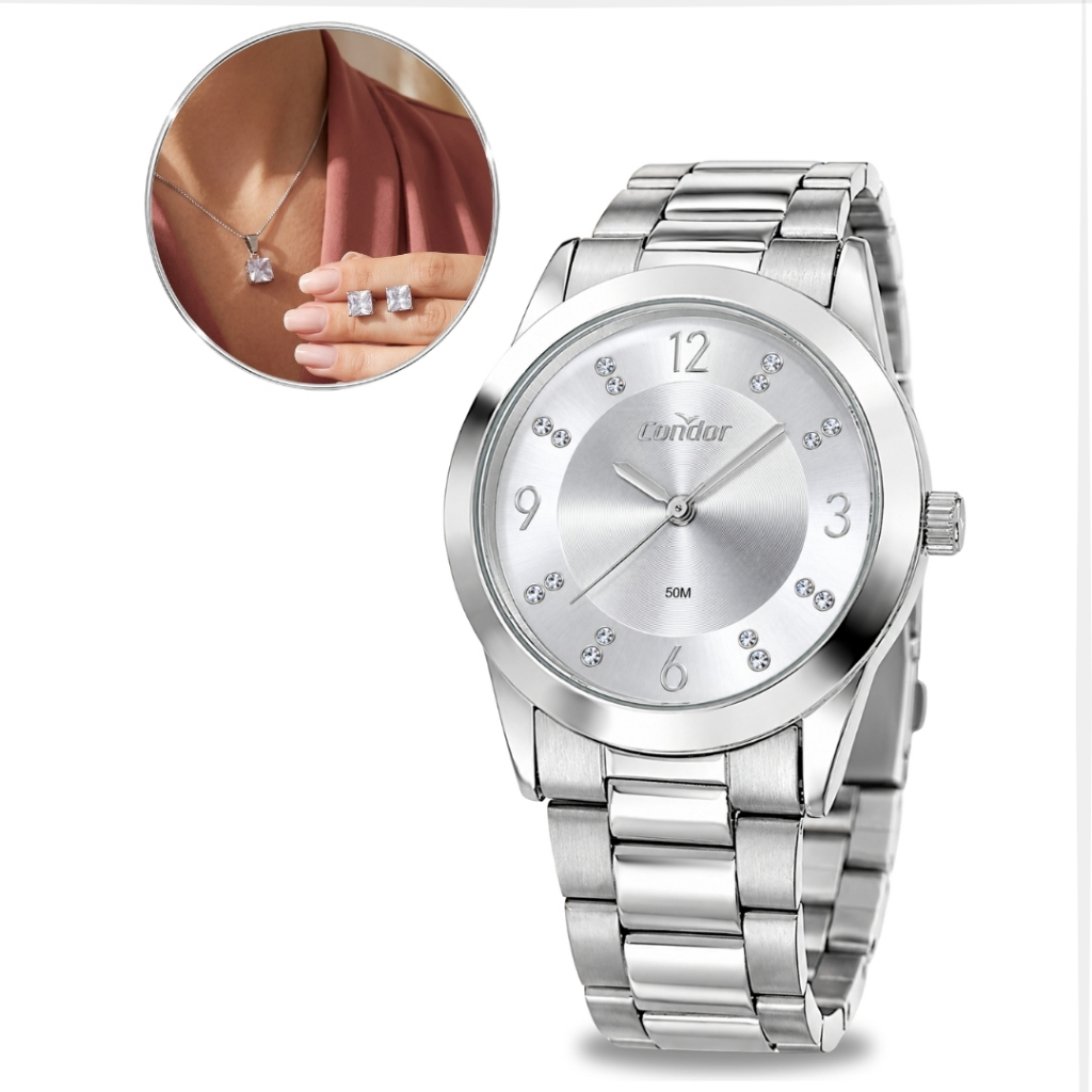 Kit Relógio Condor Feminino Prata Redondo Analógico Prova D'água Casual Elegante Delicado Minimalista Social Original
